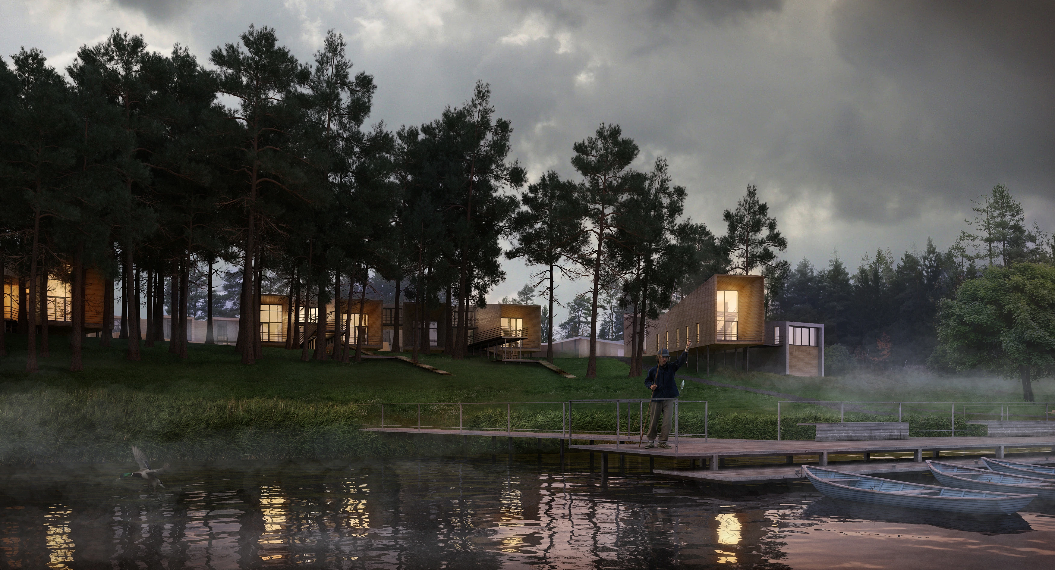 Svechanka cabins raised on stilts among pines at dusk, with an angler on a jetty and boats on the water.